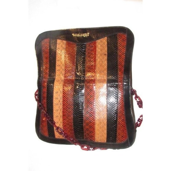 Keren Snakeskin Patchwork Saddle Bag w Lucite Chain Strap - Picture 9 of 10